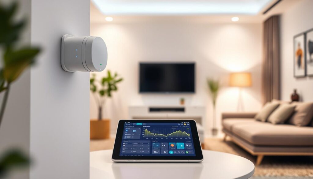 A Sleek, Modern Wall-Mounted Home Security Detector Prominently Displayed In A Contemporary Living Room Setting. The Detector Is Compact And Made Of White Plastic With Subtle Led Indicators Glowing Softly, Suggesting Functionality Without Alarms. In The Middle Ground, A High-Tech Smart Home Application Interface Is Visible On A Tablet Resting On A Coffee Table, Displaying Data Analytics And Status Updates In Vibrant Colors. Soft, Ambient Lighting Illuminates The Room, Enhancing The Minimalist Furniture And Decor, Which Includes Plants And Smart Devices, Creating A Warm, Inviting Atmosphere. The Image Is Captured With A Shallow Depth Of Field, Focusing On The Detector And Tablet While Gently Blurring The Background, Evoking A Sense Of Sleek Modern Living And The Illusion Of Safety In Smart Home Technology.