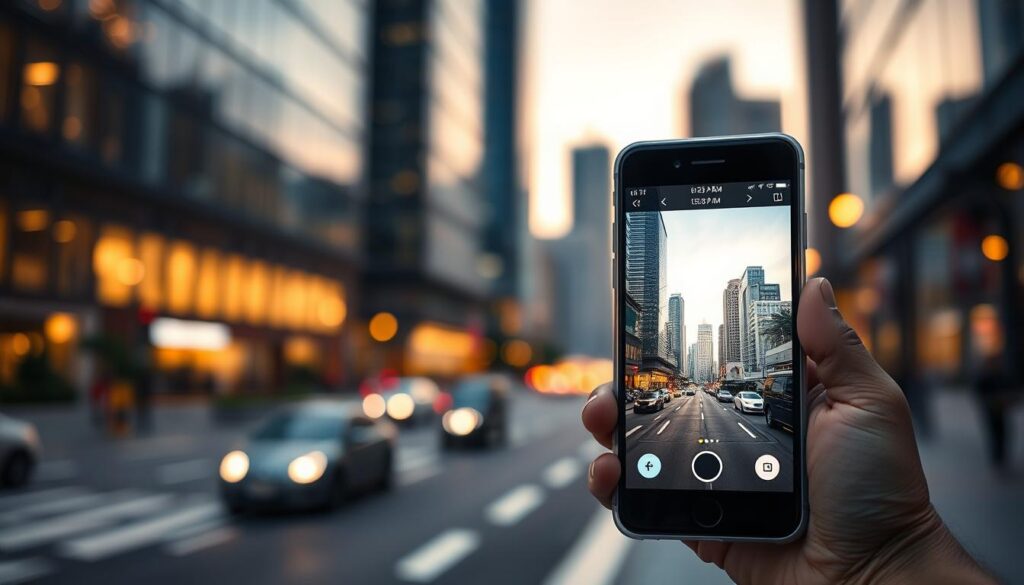A smartphone with a sleek design is prominently displayed in the foreground, its screen illuminated to show an image being captured, complete with metadata visible behind it like time, date, and GPS coordinates. In the middle ground, a blurred urban environment hints at a busy street scene, providing context without distraction. The background subtly features a skyline at dusk, with warm ambient lighting reflecting off the glass buildings, creating a professional yet dynamic atmosphere. The composition uses a shallow depth of field to keep the focus on the smartphone, while gentle bokeh from the city lights adds an artistic touch. The overall mood is one of technology and innovation, showcasing the intersection of reality and digital evidence in the modern world. A Smartphone With A Sleek Design Is Prominently Displayed In The Foreground, Its Screen Illuminated To Show An Image Being Captured, Complete With Metadata Visible Behind It Like Time, Date, And Gps Coordinates. In The Middle Ground, A Blurred Urban Environment Hints At A Busy Street Scene, Providing Context Without Distraction. The Background Subtly Features A Skyline At Dusk, With Warm Ambient Lighting Reflecting Off The Glass Buildings, Creating A Professional Yet Dynamic Atmosphere. The Composition Uses A Shallow Depth Of Field To Keep The Focus On The Smartphone, While Gentle Bokeh From The City Lights Adds An Artistic Touch. The Overall Mood Is One Of Technology And Innovation, Showcasing The Intersection Of Reality And Digital Evidence In The Modern World.