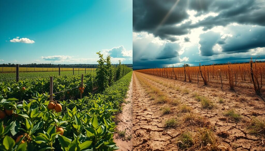 A Split View Of Two Agricultural Parcels Facing Similar Weather Risks, One Thriving With Healthy Crops Under Bright Sunlight, And The Other Affected By Drought With Wilted Plants. In The Foreground, Lush Green Fields Adorned With Ripe Fruits And Vibrant Leaves On The Left, Contrasting With Cracked Earth And Dry, Yellowed Vegetation On The Right. The Middle Ground Showcases Subtle Details Like Fence Lines And Farm Equipment, While The Background Features A Dramatic Sky With Dark Clouds Gathering Above The Drought-Affected Area. Use Natural Lighting To Emphasize The Sunlight Glinting On The Healthy Crops, While Shadows Loom Over The Parched Land, Creating A Stark Contrast. The Overall Mood Is One Of Tension Between Promise And Risk, Captured From A Slightly Elevated Angle For A Comprehensive View.