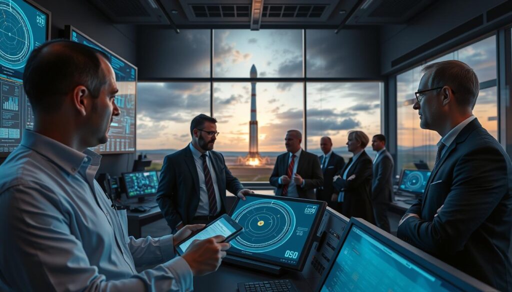 A Team Of Technicians In Professional Business Attire, Intently Evaluating The Risk Of A Space Launch Around A Large, High-Tech Control Room Filled With Monitors Displaying Complex Data And Orbital Schematics. In The Foreground, Focus On Two Technicians, One Using A Tablet While The Other Points At A Digital Screen, Highlighting Orbital Paths And Potential Collision Risks. The Middle Ground Shows Additional Team Members Engaged In Discussions, Emphasizing Teamwork And Concentration. In The Background, Large Windows Overlook A Rocket Launch Pad Under A Dramatic Sky, Suggesting Urgency And Anticipation. The Image Features Cool, Blue Lighting To Evoke A High-Tech Atmosphere, Captured From A Slightly Elevated Angle To Provide A Comprehensive View Of This Critical Moment In Aerospace Risk Assessment.