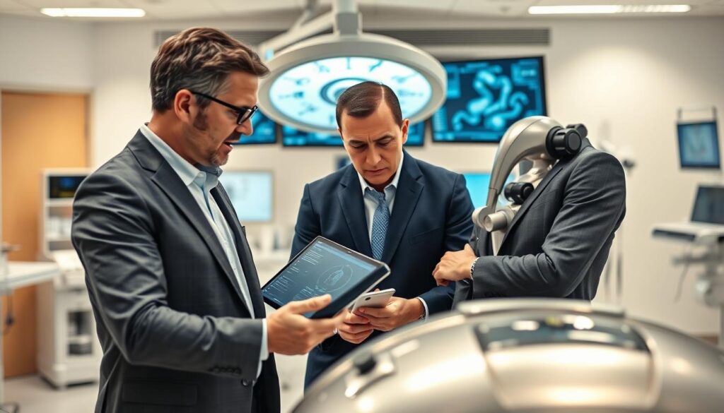 A Technical Specialist And An Insurance Assessor Are Engaged In A Serious Discussion, Comparing Their Notes On A Robotic Surgery System. The Foreground Features The Two Professionals, One In A Crisp Suit And The Other In A Smart Business Casual Outfit, With Intense Expressions As They Review Digital Screens Displaying Complex Data And Diagrams Of Robotics. The Middle Ground Includes A State-Of-The-Art Robotic Surgical Machine, Sleek And Metallic, Emphasizing The Advanced Technology Involved. In The Background, A Modern, Well-Lit Hospital Setting With Surgical Instruments And Monitors Fades Softly Into Focus. The Lighting Is Bright And Clinical, Creating An Atmosphere Of Professionalism And Urgency, With A Slight Depth Of Field To Highlight The Characters And The Robotic Equipment.