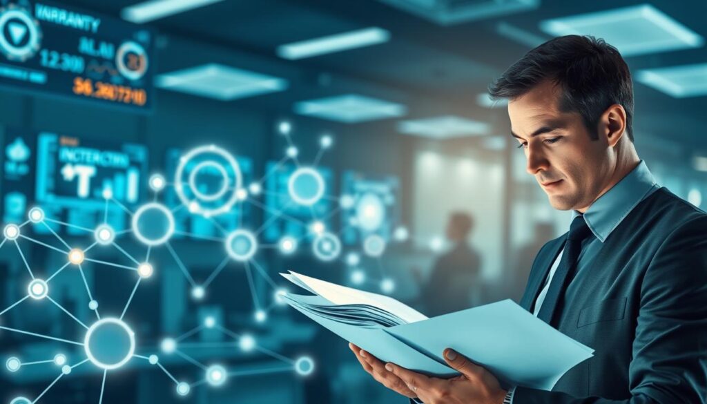 A visually striking digital illustration representing comparative contracts covering the risks of IoT sensors. In the foreground, a professional businessperson in formal attire examines various stacked contracts and documents, illuminated by a soft, focused light that highlights the papers. In the middle ground, abstract representations of IoT sensors and interconnected devices are visually connected by glowing lines, symbolizing a network. The background features a blurred office environment with high-tech screens displaying data related to supply chain and insurance analytics, enhancing the sense of a modern workspace. The mood is serious and analytical, with cool blue and gray tones dominating the color scheme, evoking a sense of urgency and importance in the context of IoT sensor reliability and warranty issues. A Visually Striking Digital Illustration Representing Comparative Contracts Covering The Risks Of Iot Sensors. In The Foreground, A Professional Businessperson In Formal Attire Examines Various Stacked Contracts And Documents, Illuminated By A Soft, Focused Light That Highlights The Papers. In The Middle Ground, Abstract Representations Of Iot Sensors And Interconnected Devices Are Visually Connected By Glowing Lines, Symbolizing A Network. The Background Features A Blurred Office Environment With High-Tech Screens Displaying Data Related To Supply Chain And Insurance Analytics, Enhancing The Sense Of A Modern Workspace. The Mood Is Serious And Analytical, With Cool Blue And Gray Tones Dominating The Color Scheme, Evoking A Sense Of Urgency And Importance In The Context Of Iot Sensor Reliability And Warranty Issues.