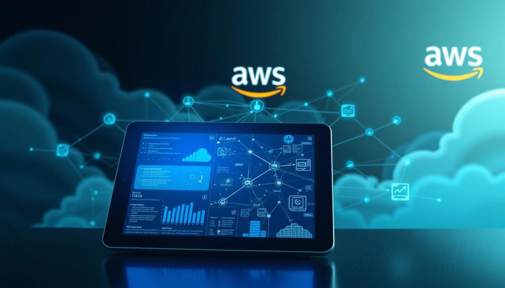 A Visually Striking Illustration Depicting A Complex Network Map Connecting Customer Data To Aws-Dependent Systems. In The Foreground, Show A Digital Tablet Displaying Data Visualizations And Analytics, Glowing Softly With Blue And Green Hues. In The Middle Ground, Intricate Lines And Nodes Symbolize The Connections Between Various Data Points, With Representations Of Cloud Servers And Databases Seamlessly Integrated Into The Design. The Background Features A Stylized, Abstract Cloudscape With Hints Of The Aws Logo Subtly Incorporated, Enhancing The Technological Atmosphere. Soft, Diffused Lighting Creates A Professional Tone, While The Overall Composition Conveys A Sense Of Urgency And Interconnectedness Amid Potential Risk. The Mood Is Contemplative Yet Dynamic, Inviting Viewers To Engage With The Complexities Of Cloud Dependency Without Any Text Or Imagery Overlay.