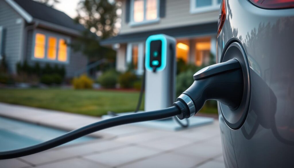 A Well-Lit Residential Setting Showcasing An Electric Vehicle Charging Cable Neatly Positioned Beside A Home Charging Station. In The Foreground, Focus On The Charging Cable, Vividly Detailed With Visible Textures, Emphasizing Its Connection To The Charging Port. In The Middle Ground, The Charging Station Stands Prominently, Featuring Modern Design Elements And An Led Indicator Showing It Is In Use. The Background Includes A Well-Kept Yard With A Subtle Hint Of The Home’s Architecture, Creating A Harmonious Blend Of Technology And Domesticity. The Scene Is Bathed In Soft, Natural Lighting Of Late Afternoon, Enhancing The Warm And Inviting Atmosphere. Capture A Slightly Angled Perspective To Highlight Both The Charging Cable And The Station, Illustrating The Convenience Of Electric Vehicle Ownership.