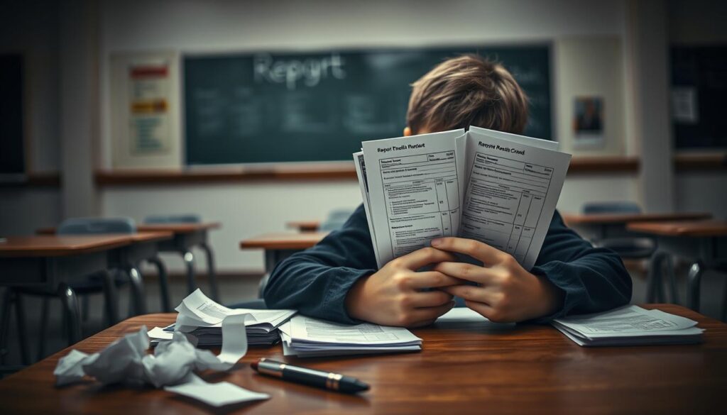 A Worried Student Sits At A Cluttered School Desk, Their Gaze Fixed On A Stack Of Report Cards Filled With Disappointing Grades, Reflecting Their Distress. The Foreground Features The Student&Amp;Apos;S Hands Clasped On The Desk, With A Few Crumpled Papers And A Pen Lying Nearby, Symbolizing Their Struggle. In The Middle Ground, A Softly Lit Classroom Setting Reveals Empty Desks And A Chalkboard, Creating An Atmosphere Of Isolation. The Background Has Dim Lighting, Adding To The Somber Mood, With Subtle Shadows Casting Across The Room, Enhancing The Sense Of Anxiety. This Scene Conveys An Emotional Weight, Focusing On The Impact Of Academic Pressure And Bullying, While Avoiding Any Text Or Overt Symbols Of Harassment.