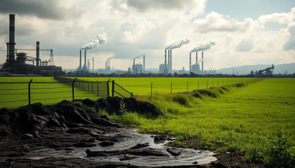 An industrial landscape depicting pollution encroaching on a lush, healthy neighboring terrain. In the foreground, show dark, toxic sludge spilling over a fence line, with visible remnants of manufacturing processes. The middle ground features the contrasting vibrant green of the fresh land, dotted with plants and small wildlife reacting to the pollution. In the background, hazy industrial factories belch smoke into a cloudy sky, their silhouettes stark against the environment. Use dramatic lighting to highlight the tension between environmental degradation and untouched nature, with shadows cast from the factory structures. The overall mood conveys a sense of urgency and concern, emphasizing the stark contrast between health and contamination in an ecosystem. An Industrial Landscape Depicting Pollution Encroaching On A Lush, Healthy Neighboring Terrain. In The Foreground, Show Dark, Toxic Sludge Spilling Over A Fence Line, With Visible Remnants Of Manufacturing Processes. The Middle Ground Features The Contrasting Vibrant Green Of The Fresh Land, Dotted With Plants And Small Wildlife Reacting To The Pollution. In The Background, Hazy Industrial Factories Belch Smoke Into A Cloudy Sky, Their Silhouettes Stark Against The Environment. Use Dramatic Lighting To Highlight The Tension Between Environmental Degradation And Untouched Nature, With Shadows Cast From The Factory Structures. The Overall Mood Conveys A Sense Of Urgency And Concern, Emphasizing The Stark Contrast Between Health And Contamination In An Ecosystem.