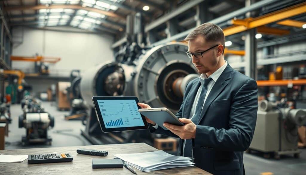 An industrial technician, dressed in professional business attire, is assessing the costs of replacing a large, heavy machine in a well-lit factory environment. The foreground features the technician examining a digital tablet displaying cost analysis software, with a calculator and various documents scattered on a workbench nearby. In the middle ground, the industrial machine, partially disassembled, looms large, showcasing its intricate components and machinery. The background reveals rows of other industrial machines and tools, emphasizing a busy workshop atmosphere. The lighting is bright and focused, illuminating the technician's concentrated expression as he calculates costs, while conveying a sense of urgency and professionalism in the air. An Industrial Technician, Dressed In Professional Business Attire, Is Assessing The Costs Of Replacing A Large, Heavy Machine In A Well-Lit Factory Environment. The Foreground Features The Technician Examining A Digital Tablet Displaying Cost Analysis Software, With A Calculator And Various Documents Scattered On A Workbench Nearby. In The Middle Ground, The Industrial Machine, Partially Disassembled, Looms Large, Showcasing Its Intricate Components And Machinery. The Background Reveals Rows Of Other Industrial Machines And Tools, Emphasizing A Busy Workshop Atmosphere. The Lighting Is Bright And Focused, Illuminating The Technician&Amp;Apos;S Concentrated Expression As He Calculates Costs, While Conveying A Sense Of Urgency And Professionalism In The Air.