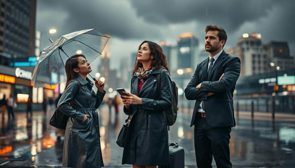 Two Travelers Face A Sudden Downpour In A Bustling Urban Setting, Each Reacting Differently. In The Foreground, One Traveler, Dressed In A Sleek Raincoat And Holding An Umbrella, Looks Optimistically At The Sky, While The Other, In Smart Casual Attire, Stands With A Concerned Expression, Clutching A Smartphone As If Seeking Solutions. The Middle Ground Features Reflections On Wet Pavement, Intensifying The Contrast Between Their Emotions. The Background Captures A Blurred Cityscape With Dark Clouds Looming, Emphasizing The Urgency Of The Weather Change. The Lighting Is Moody, With The Soft Glow Of Street Lamps Illuminating The Scene, Creating A Sense Of Tension And Anticipation. The Atmosphere Is Dynamic, Highlighting The Unpredictability Of Travel And The Impact Of Sudden Weather Events.